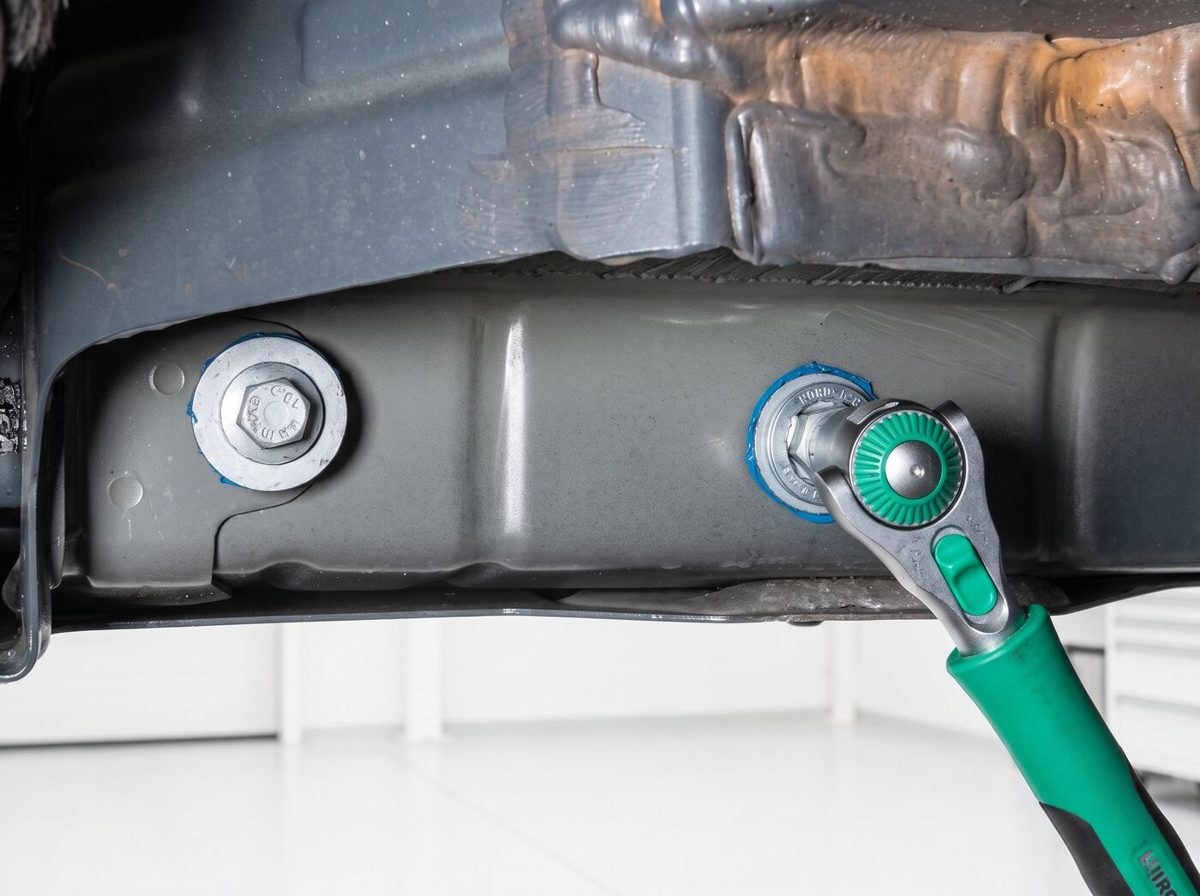 Technicien pose un écrou d'attelage sous un véhicule avec une clé à cliquet