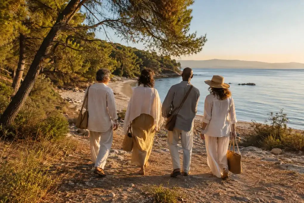 Quatre adultes en tenue légère marchent ensemble vers une plage au bord de la mer